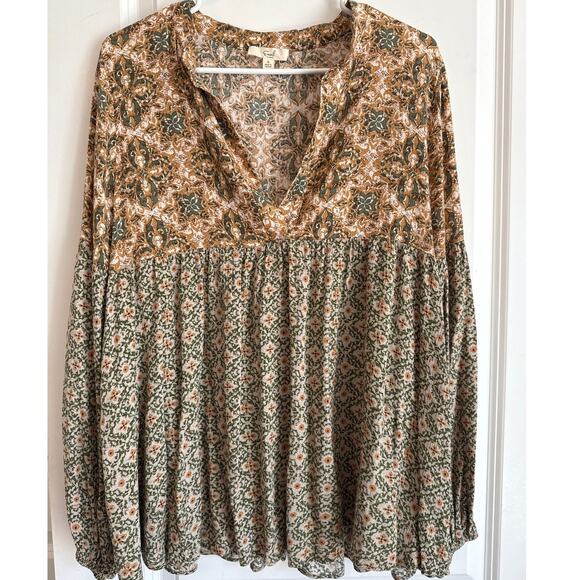 Easel Boho Babydoll Top Tan Green Floral Mixed Print Sz S EUC Earth Tones - Picture 3 of 9